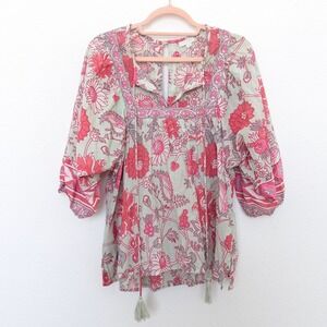 Jennifer Grace Womens Blouse Size S Pink‎ Green Floral Boho Cottage Hippie Retro
